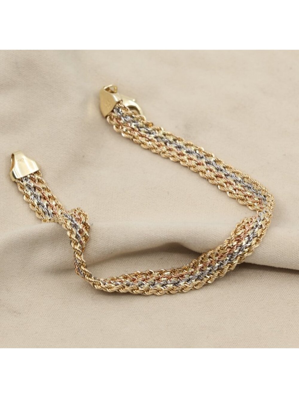 14K Tri Tone Multi Color Gold Flat Wide Multi Row Rope Bracelet - 7.50" Length